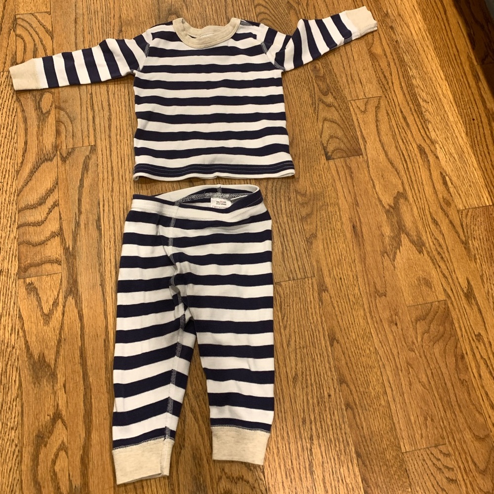 Hanna Anderson Jammies 12-18m. Navy blue and white with an ivory trim